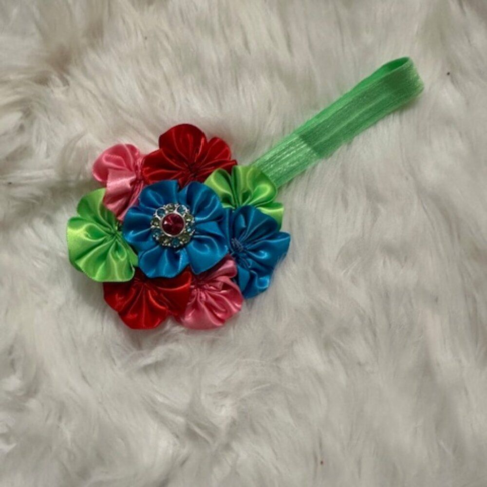 Green w/ Pink  3 1/2" Satin Flower Cluster on FOE Headband  7457  Handmade NWT